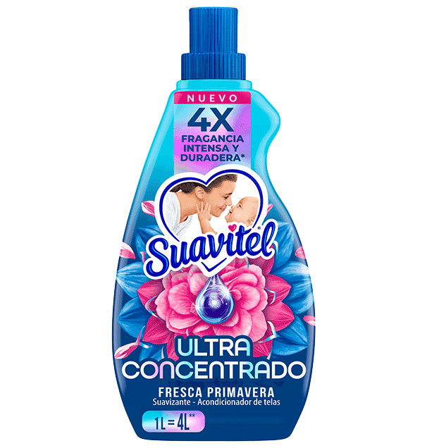 Botella de suavizante de telas Suavitel Ultra Concentrado Fresca Primavera con etiqueta 4X fragancia intensa