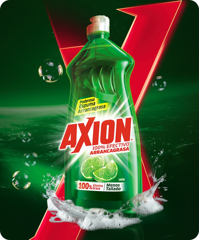 Botella de lavatrastes líquido Axion Limón con poderosa espuma arrancagrasa sobre fondo dinámico.