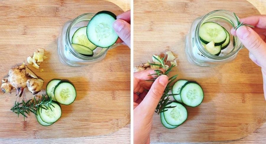 Infusiones de agua fresca con frutas: pepino, jengibre y romero