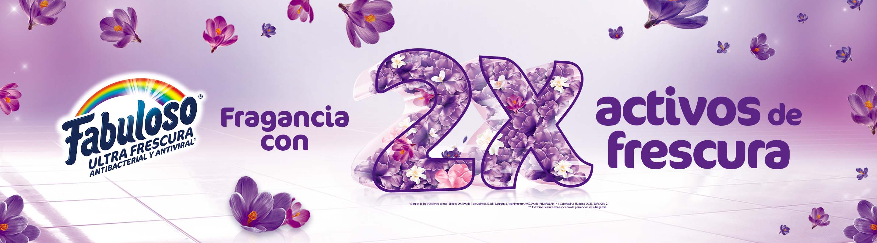 Banner de Fabuloso lavanda ultra frescura, antibacterial y antiviral, con el doble de activos de frescura.